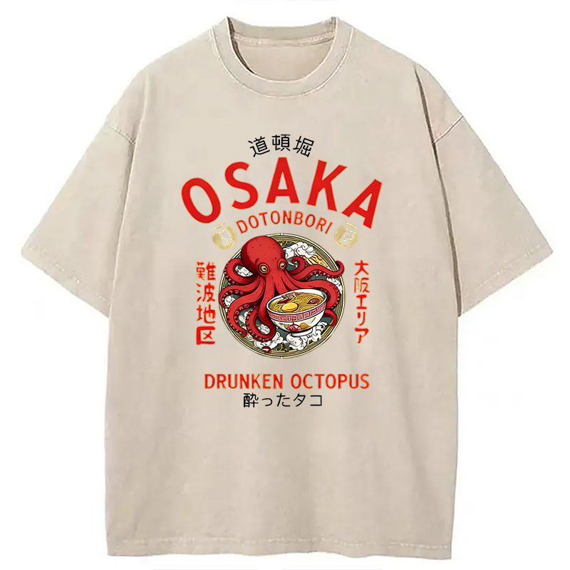 Modecanvas Osaka Drunken Octopus Eating Ramen DTG Printing Washed T-Shirt