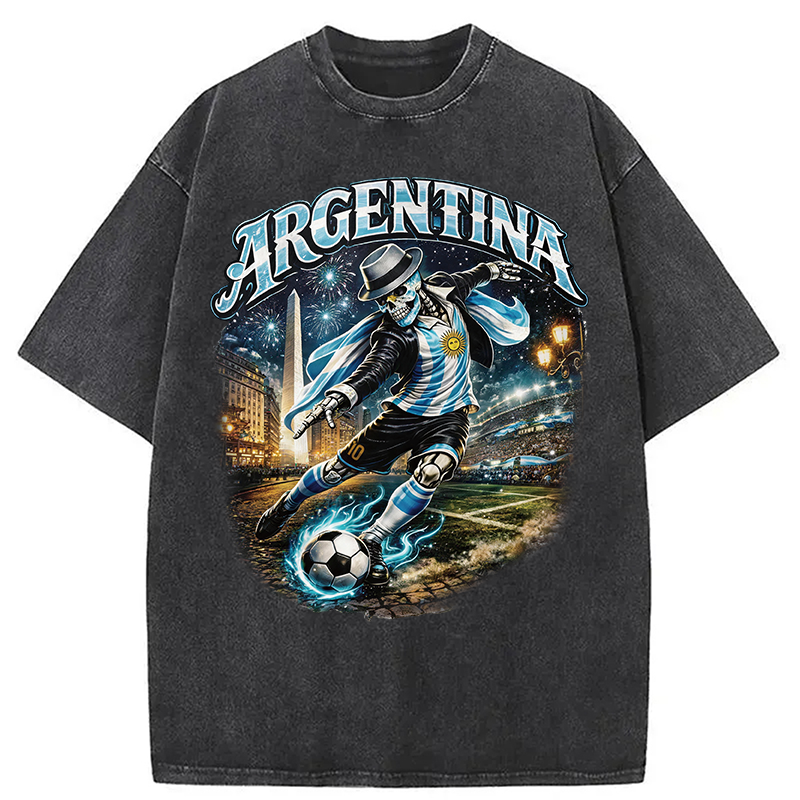 Modecanvas Skull Argentina Football DTG Printing Washed T-Shirt