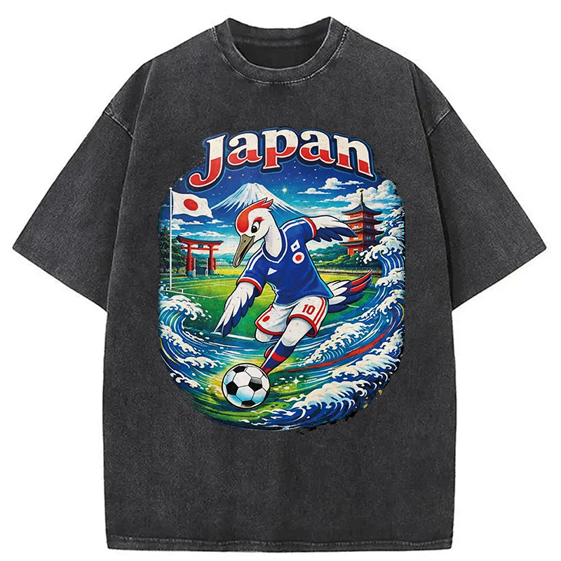 Modecanvas Japan Crane Soccer DTG Printing Washed T-Shirt