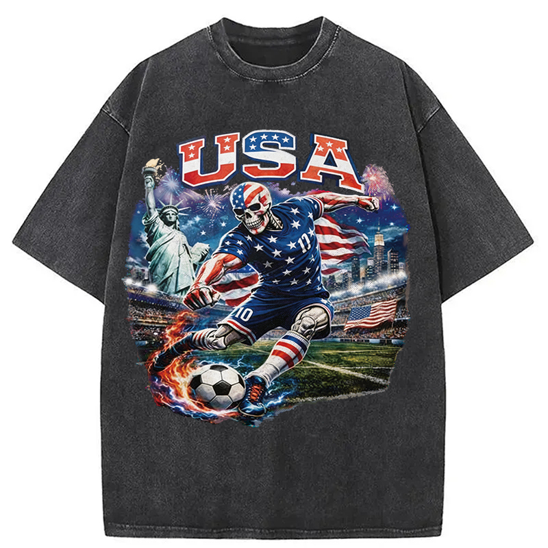 Modecanvas USA Soccer Skull DTG Printing Washed T-Shirt