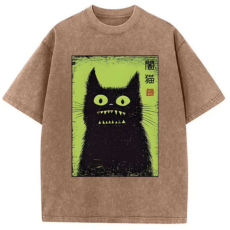 Modecanvas Spooky Black Cat Japanese DTG Printing Washed T-Shirt