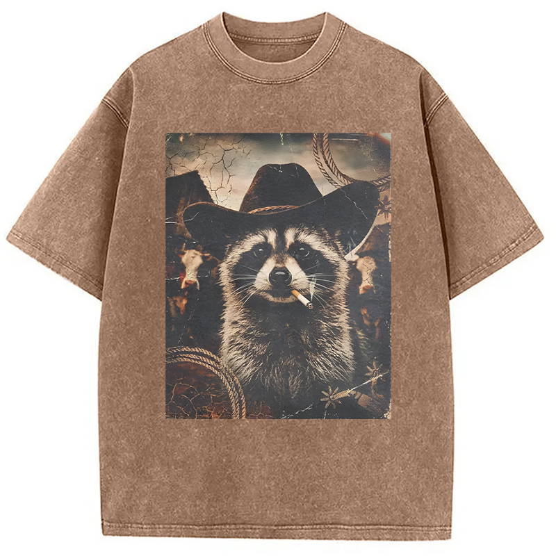 Modecanvas Vintage Weatern Raccoon DTG Printing Washed T-Shirt