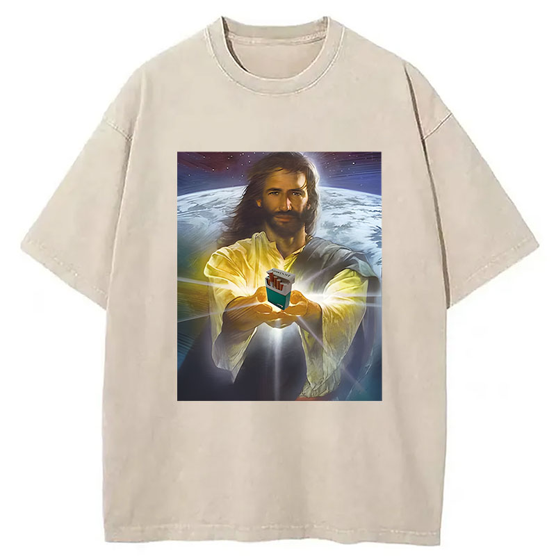 Modecanvas Jesus Holding Cigarettes DTG Printing Washed T-Shirt