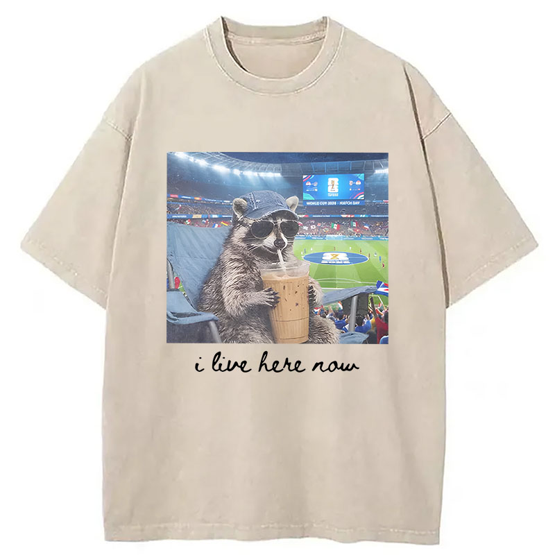 Modecanvas I Live Here Now Raccoon DTG Printing Washed T-Shirt