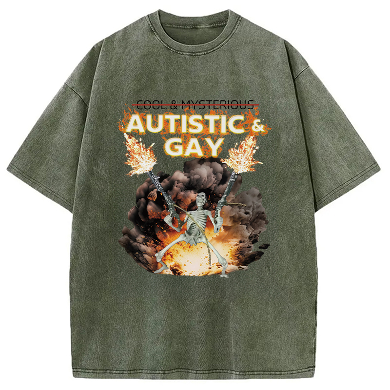 Modecanvas Autistic and Gay Skeleton Explosion DTG Printing Washed T-Shirt-modecanvas