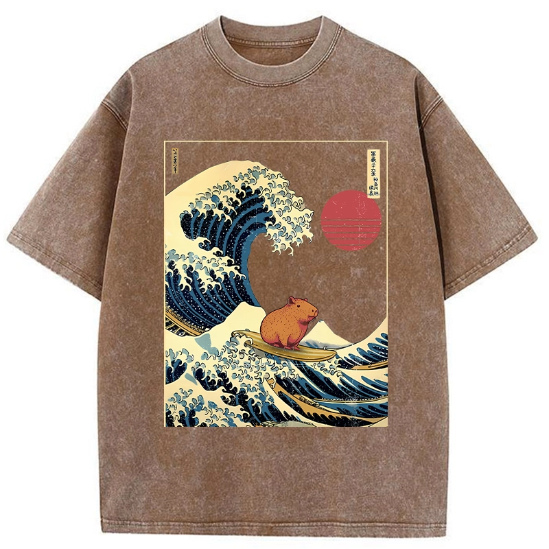 Modecanvas Capybara Surfing Washed T-Shirt-modecanvas