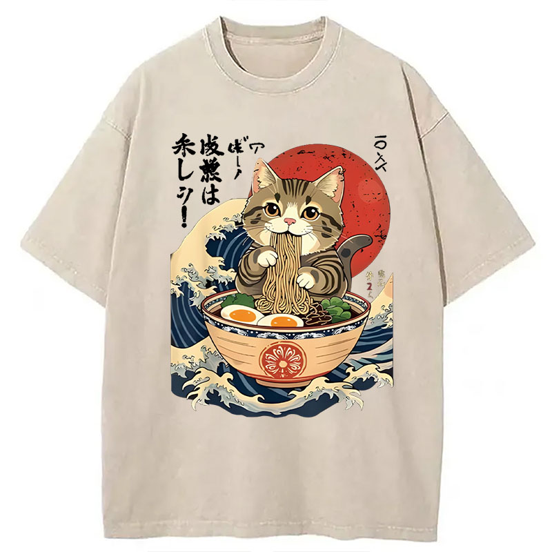 Modecanvas Cat Eating Ramen Noodles DTG Printing Washed T-Shirt