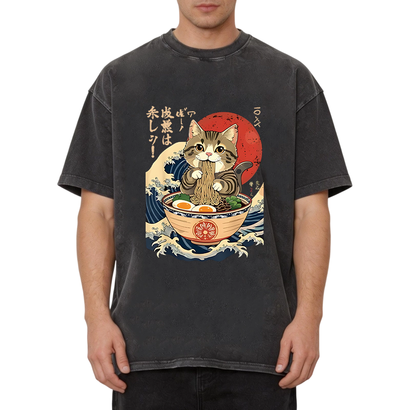 Modecanvas Cat Eating Ramen Noodles DTG Printing Washed T-Shirt