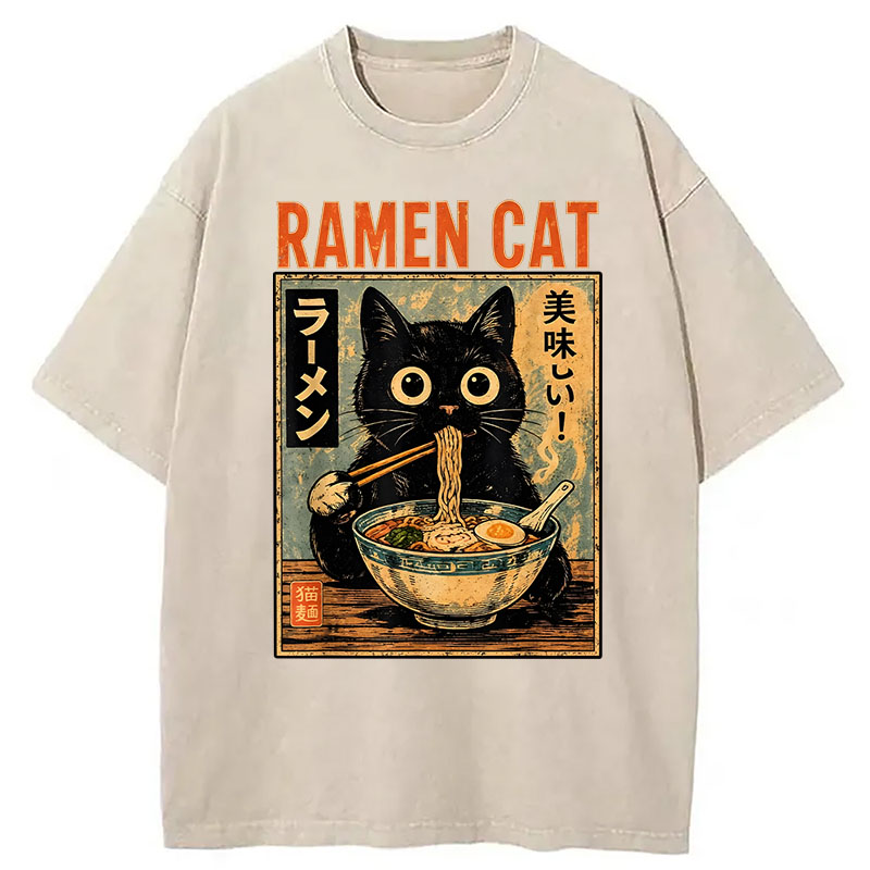 Modecanvas Funny Cat Ramen DTG Printing Washed T-Shirt