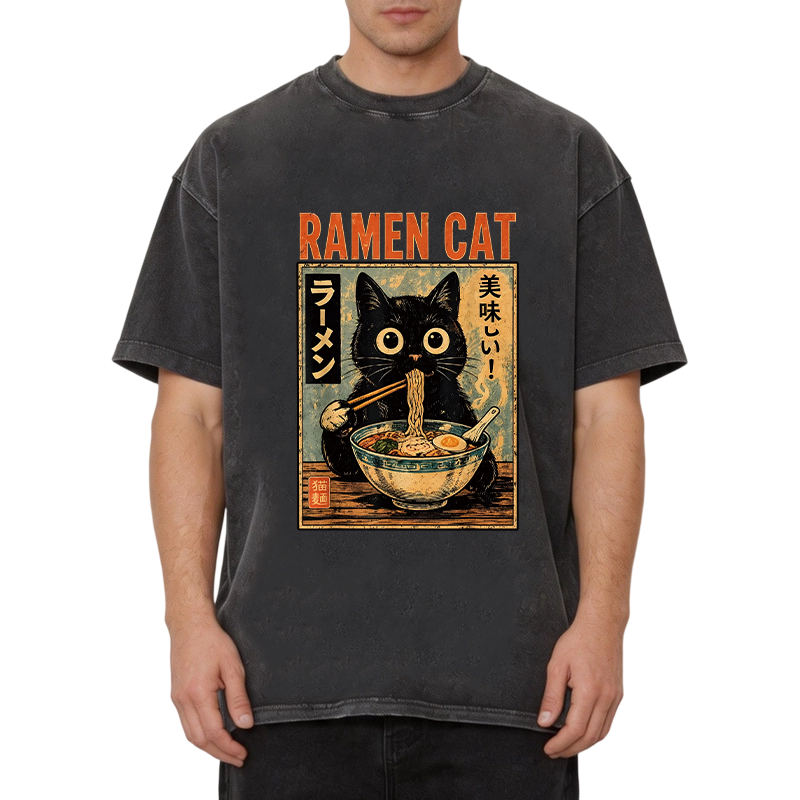 Modecanvas Funny Cat Ramen DTG Printing Washed T-Shirt