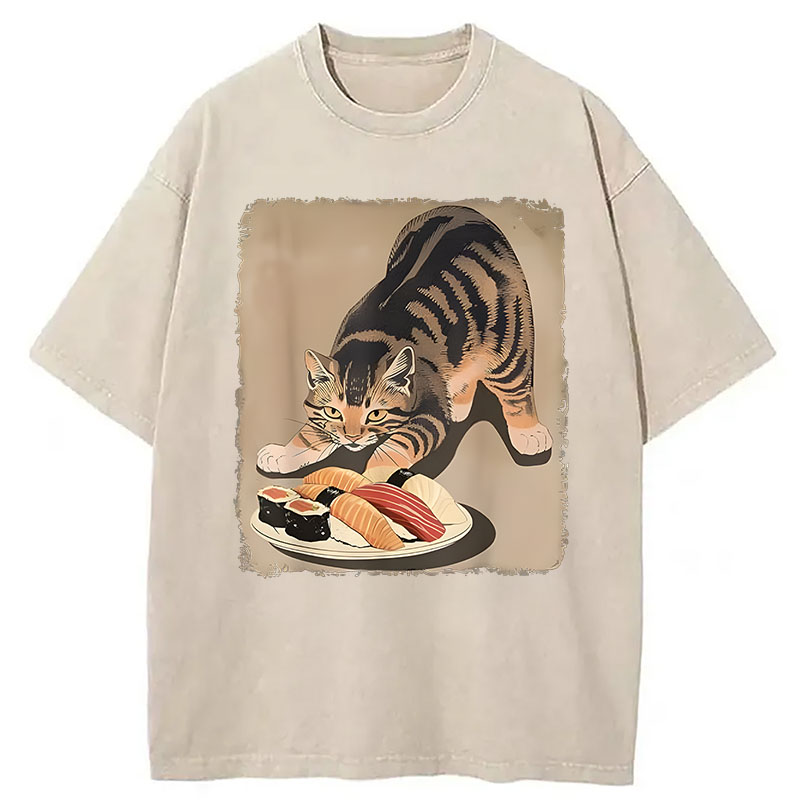 Modecanvas Kawaii Cat Eating Sushi DTG Printing Washed T-Shirt