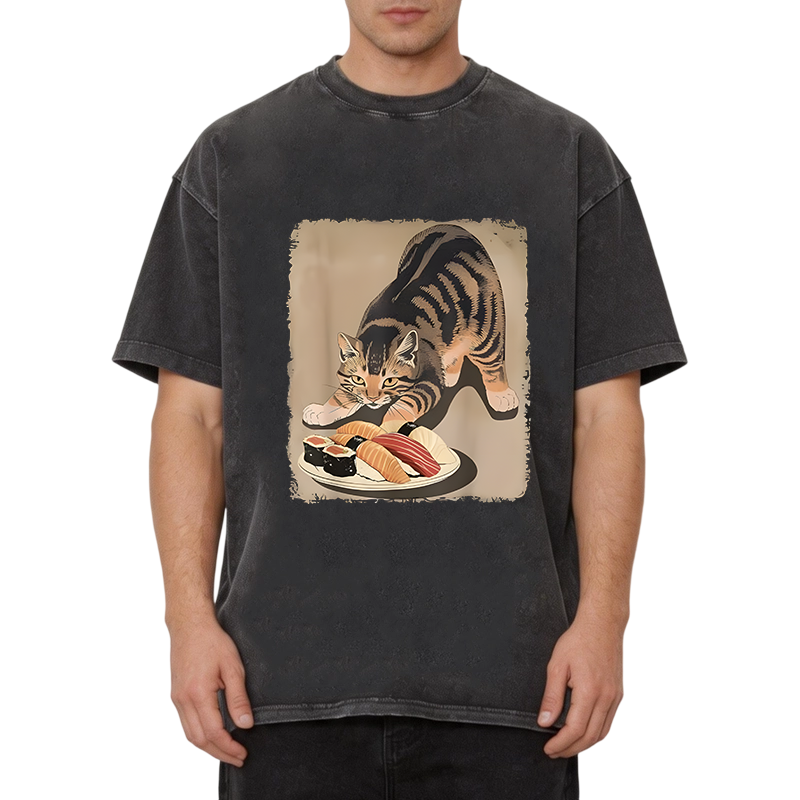 Modecanvas Kawaii Cat Eating Sushi DTG Printing Washed T-Shirt