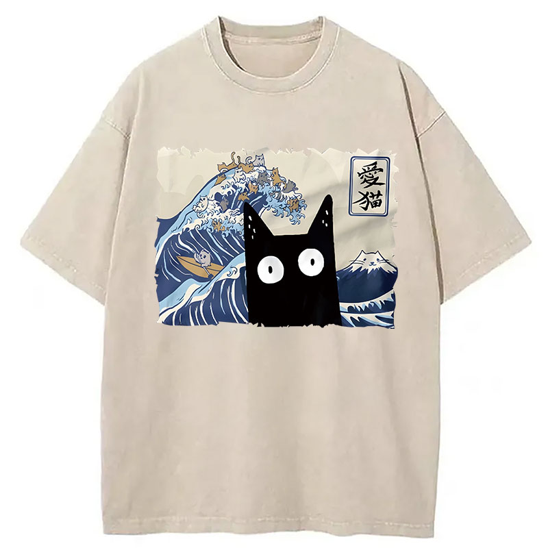 Modecanvas Kawaii Cat Japanese Wave DTG Printing Washed T-Shirt