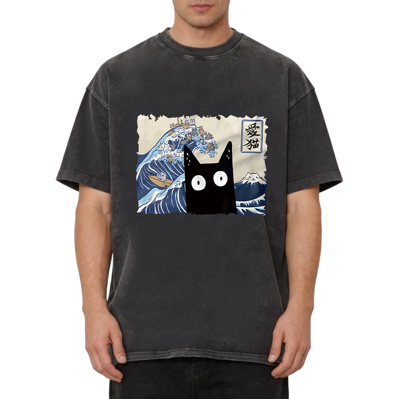Modecanvas Kawaii Cat Japanese Wave DTG Printing Washed T-Shirt