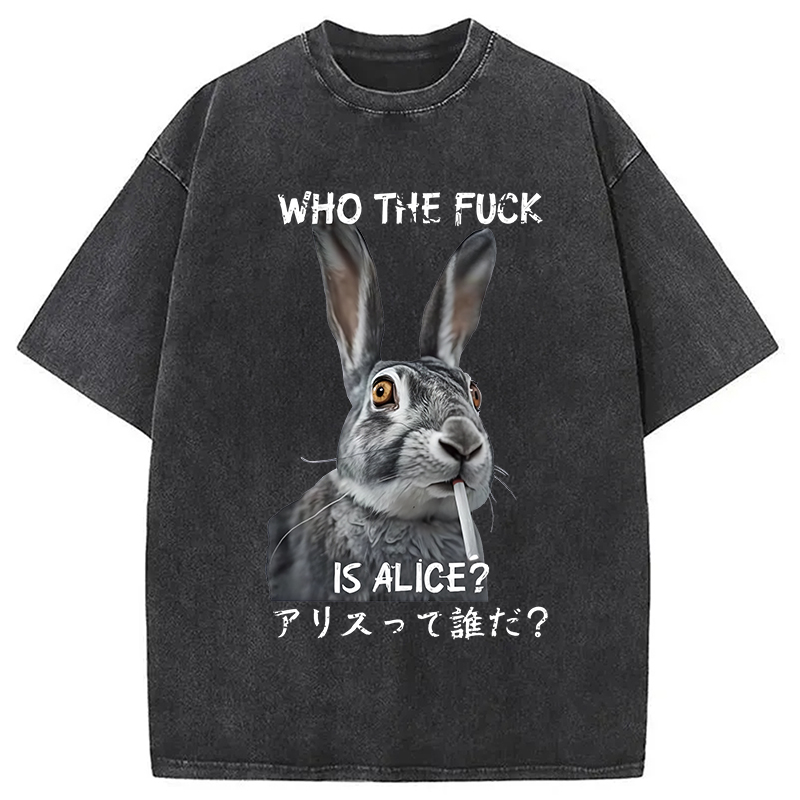 Modecanvas Who The Fvck Is Alice Funny Rabbit Smoking Washed T-Shirt