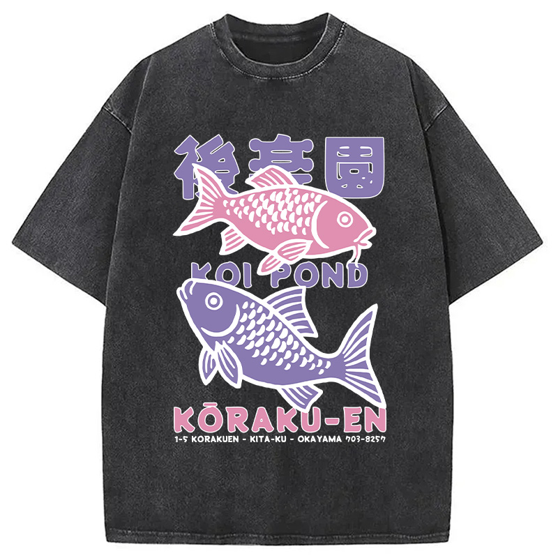 Modecanvas Koi Fish Pond Japanese Washed T-Shirt