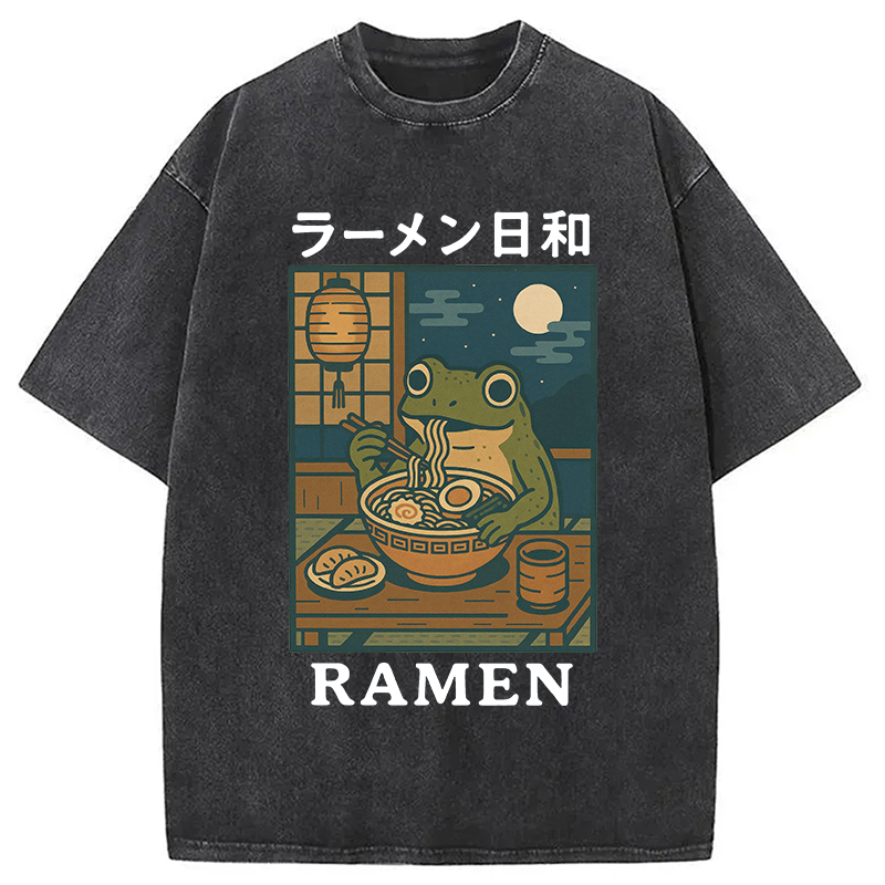 Modecanvas Japanese Frog Eating Ramen Washed T-Shirt-modecanvas