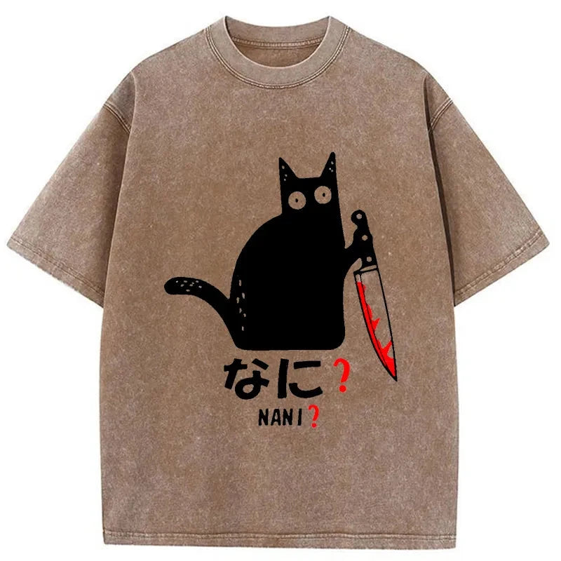 Modecanvas A Puzzled Cat Holding A Knife Washed T-Shirt-modecanvas