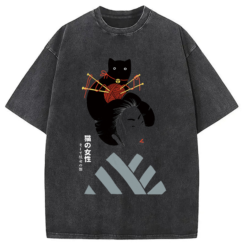 Modecanvas Geisha And Cat Washed T-Shirt