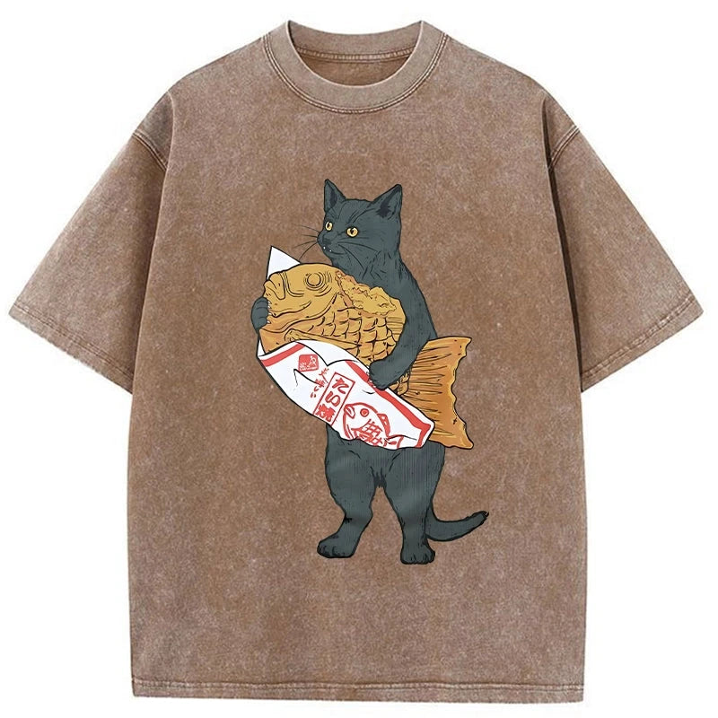 Modecanvas Cat Holding Taiyaki Washed T-Shirt