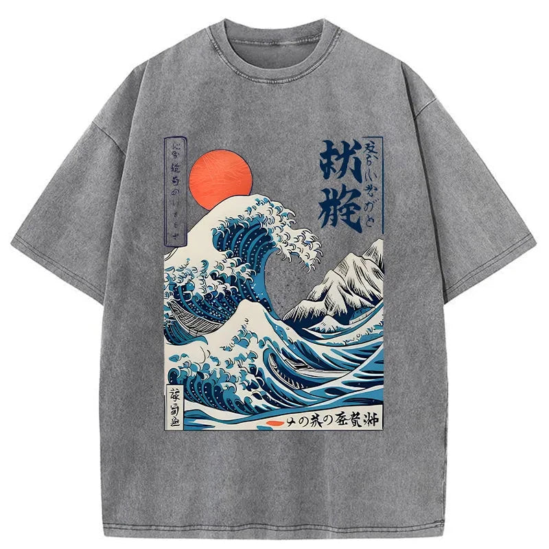 Modecanvas Ukiyo-e Ocean Waves Japan Washed T-Shirt-modecanvas