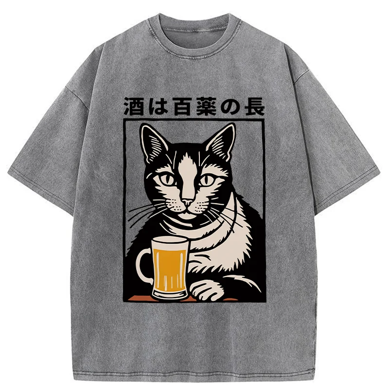 Modecanvas Cat And Beer Japanese Washed T-Shirt