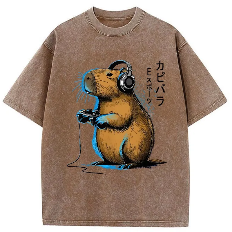 Modecanvas Capybara Playing E-sports Washed T-Shirt