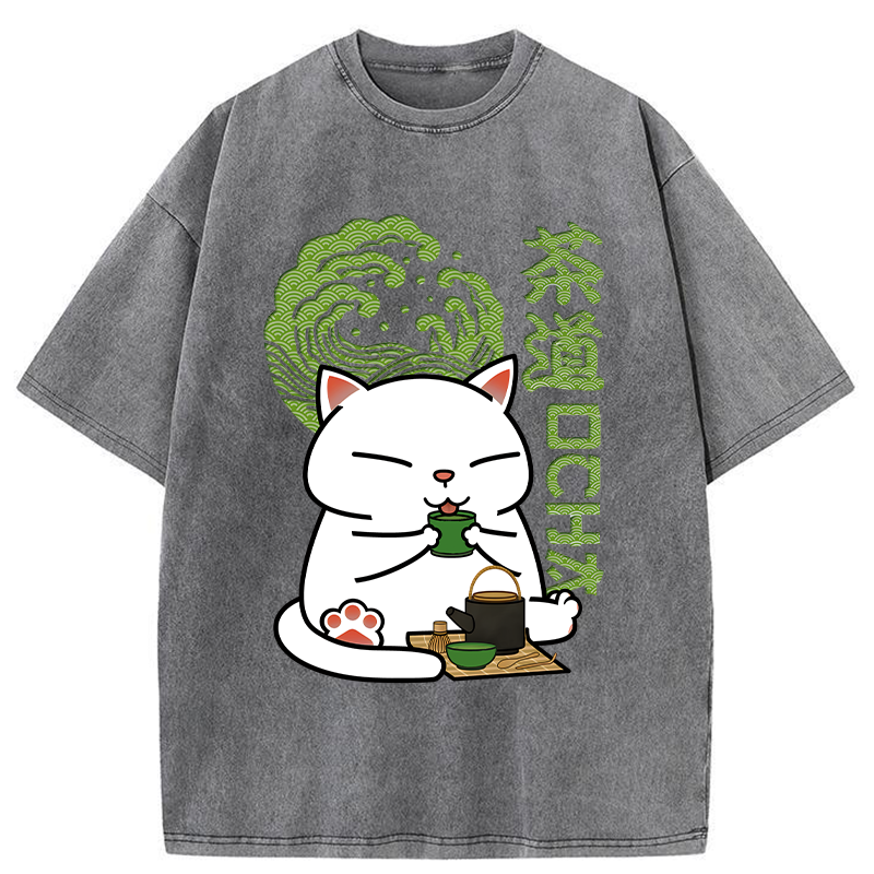 Modecanvas Cat Tasting Tea Washed T-Shirt