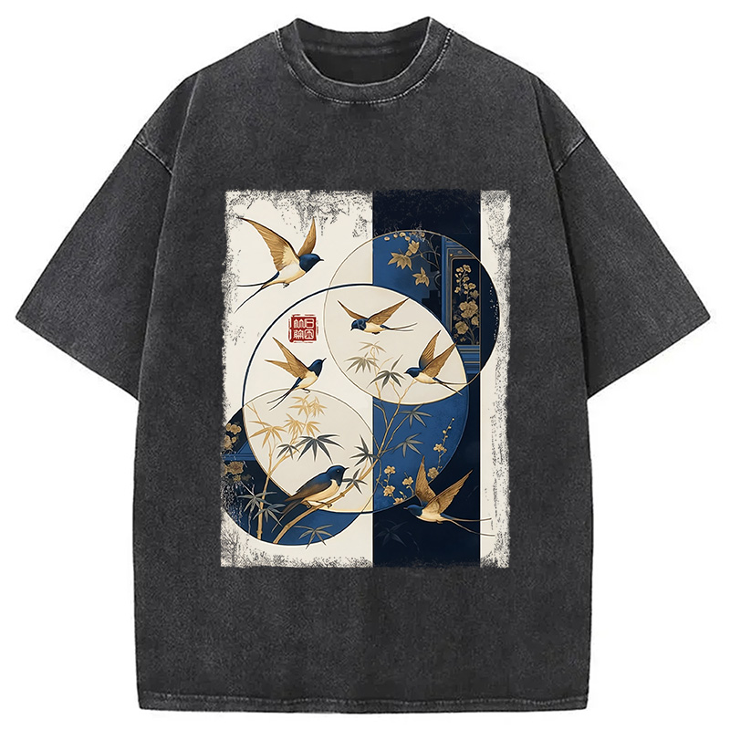 Modecanvas Swallows Among The Bamboo Washed T-Shirt