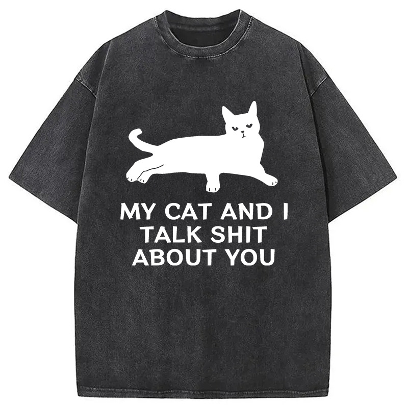 Modecanvas Gossiping Black Cat Washed T-Shirt-modecanvas
