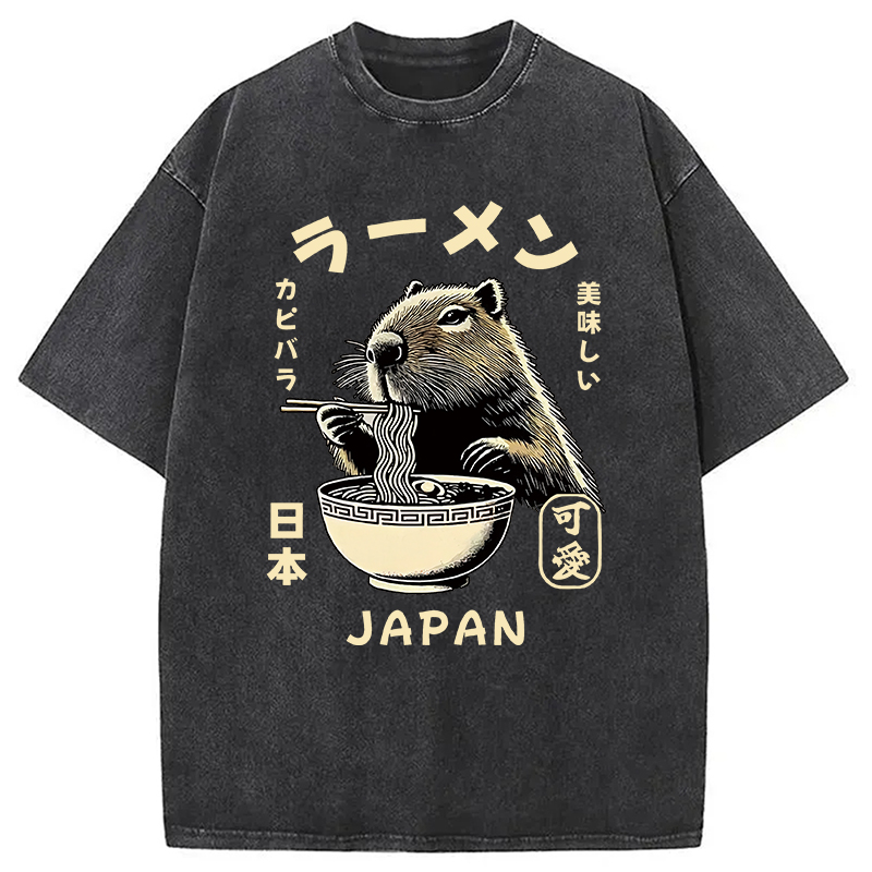 Modecanvas Retro Capybara Eating Ramen Japanese Washed T-Shirt