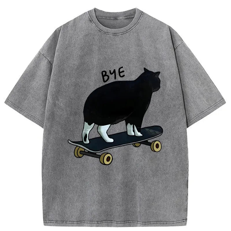 Modecanvas Cat On Skateboard Washed T-Shirt-modecanvas