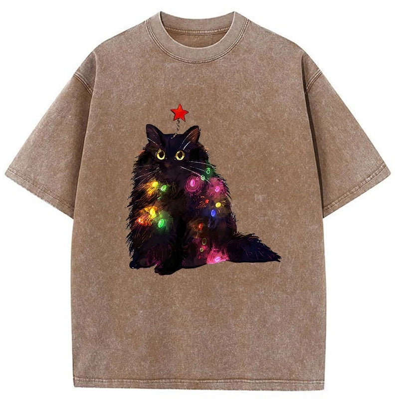 Modecanvas Christmas Lights Cat Washed T-Shirt
