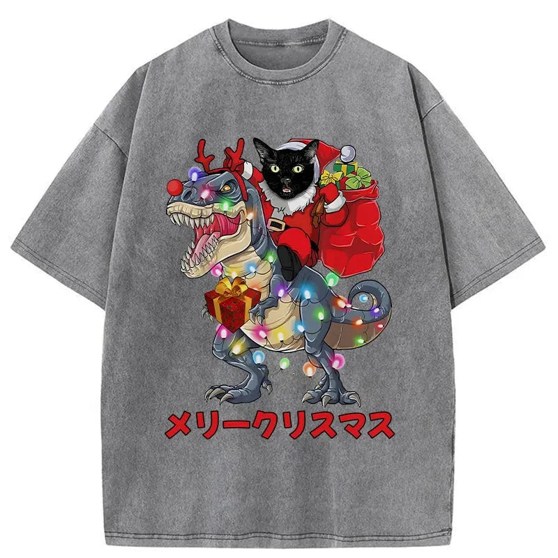 Modecanvas Cat Riding Dinosaur Christmas Washed T-Shirt