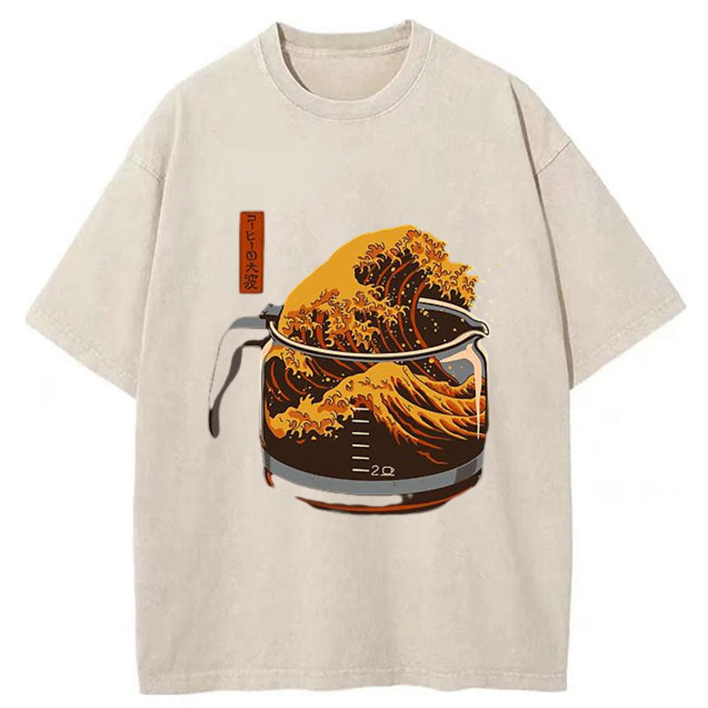 Modecanvas The Great Wave Off Coffee Japanese Washed T-Shirt-modecanvas