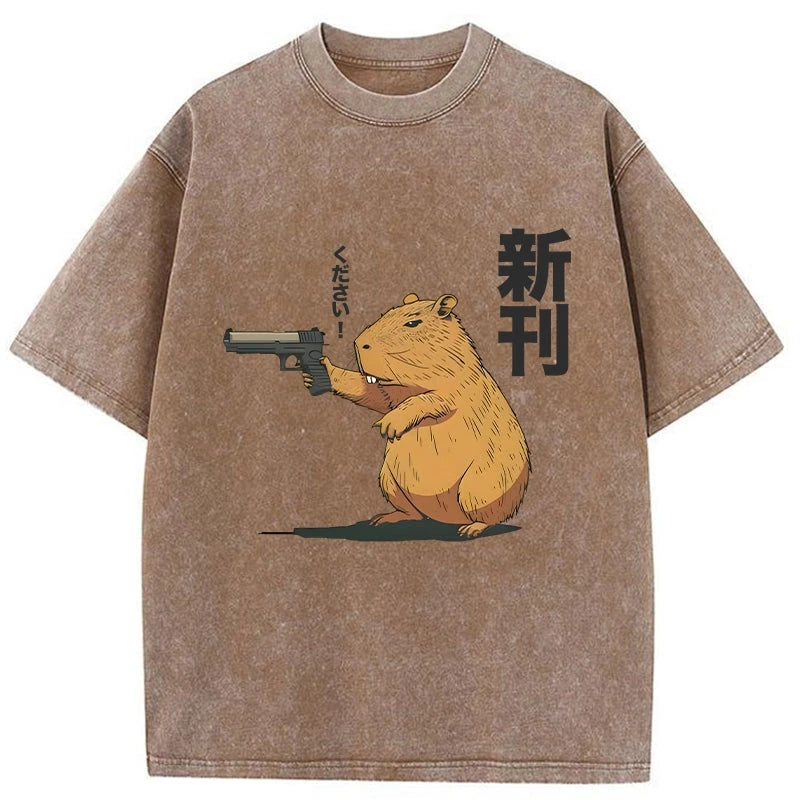 Modecanvas Capybara Holding A Gun Washed T-Shirt