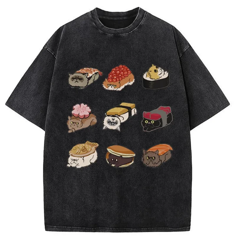 Modecanvas Cute Cat Sushi Washed T-Shirt