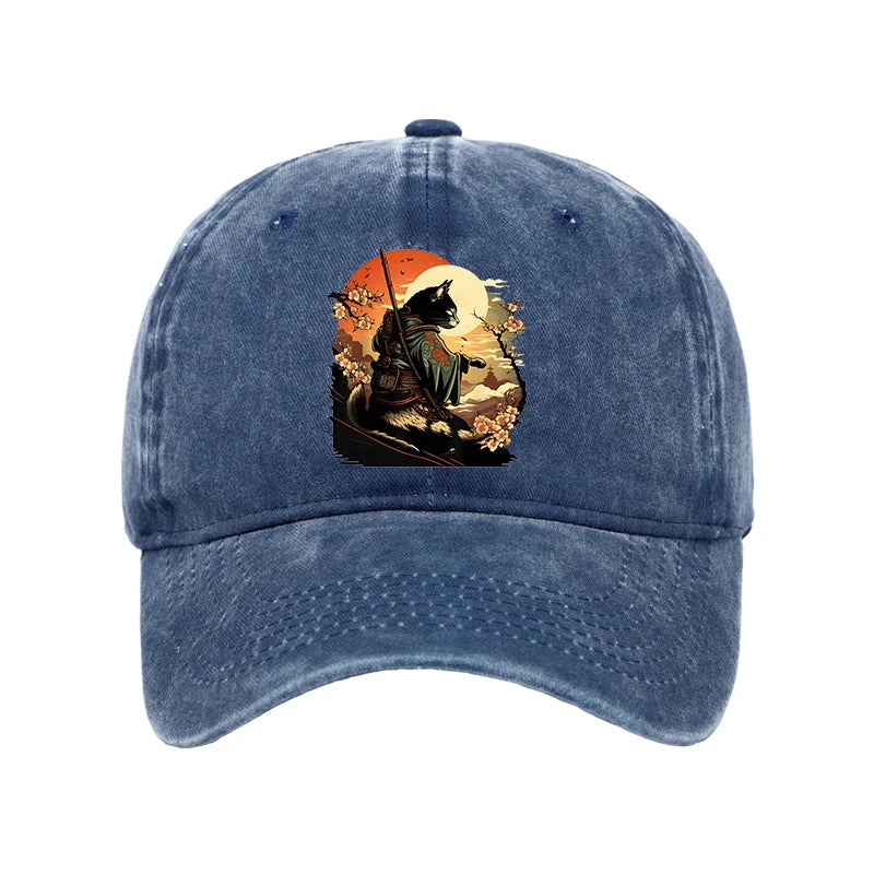 Modecanvas Cat Ninja Ukiyo-e Anime Style Samurai Washed Cap-modecanvas