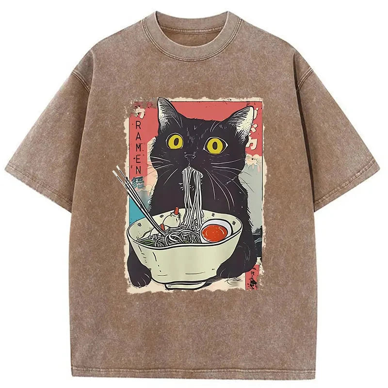 Modecanvas Cute Cat Eating Ramen Washed T-Shirt-modecanvas