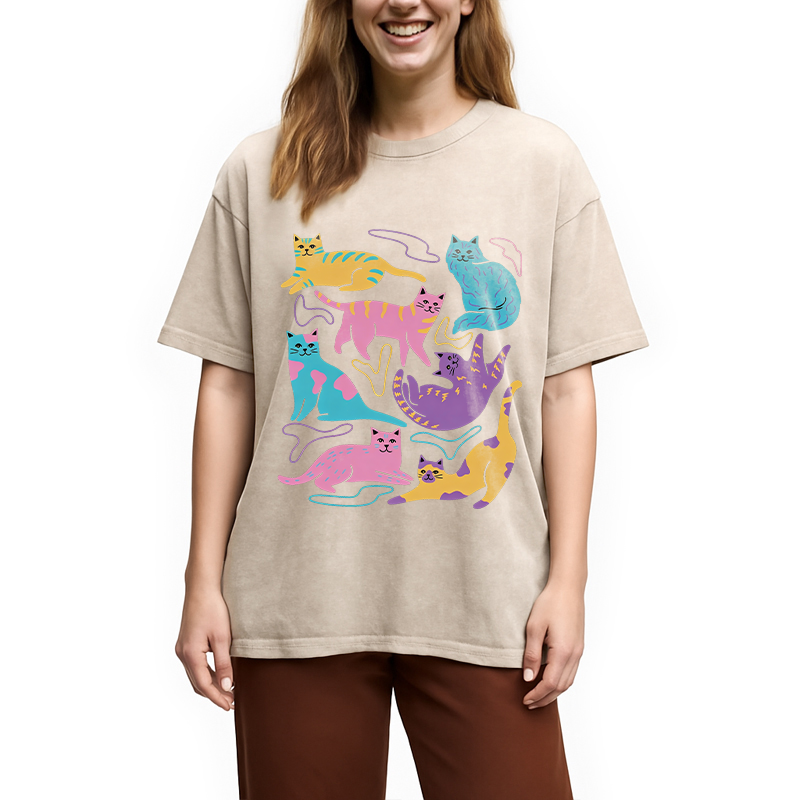 Modecanvas Colourful Cats Washed T-Shirt