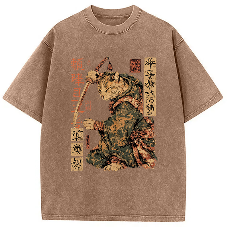 Modecanvas Japanese Katana Warrior Cat DTG Printing Washed T-Shirt-modecanvas