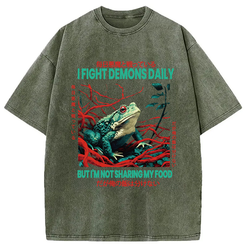 Modecanvas Japanese Frog Horror Art DTG Printing Washed T-Shirt-modecanvas