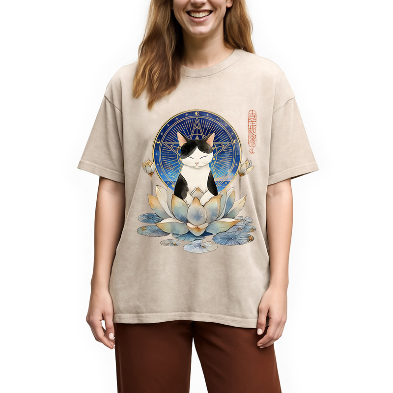 Modecanvas Funny Cat Lotus Zen Auspiciousness Washed T-Shirt
