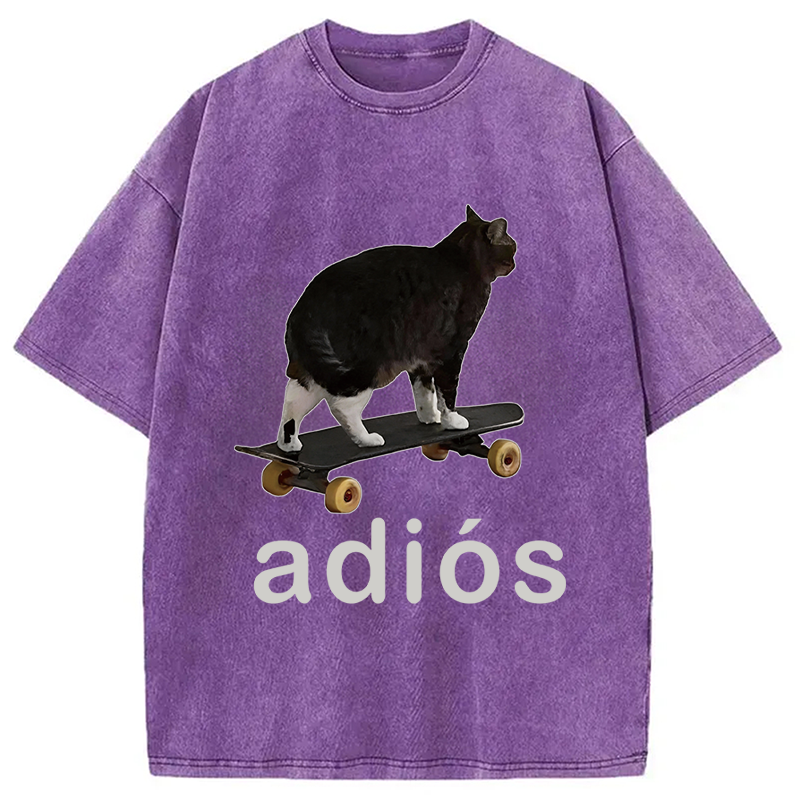 Modecanvas Adios Funny Cat Meme DTG Printing Washed T-Shirt