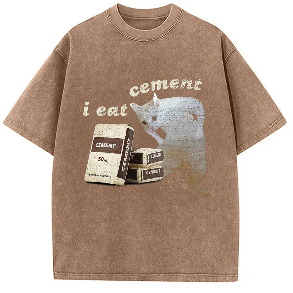 Modecanvas I Eat Cement White Cat Washed T-Shirt