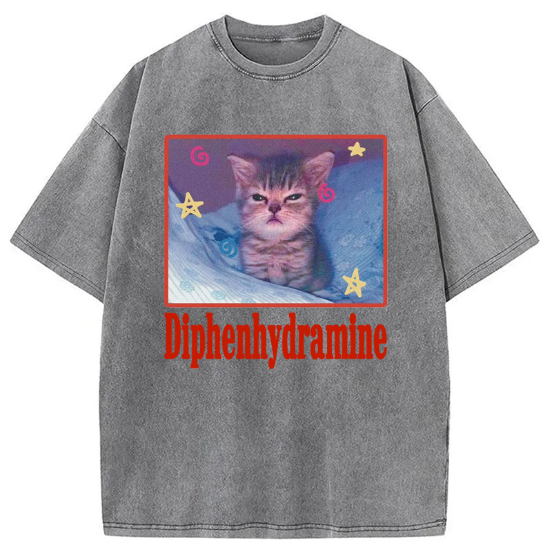 Modecanvas Diphenhydramine Cat Meme Washed T-Shirt-modecanvas