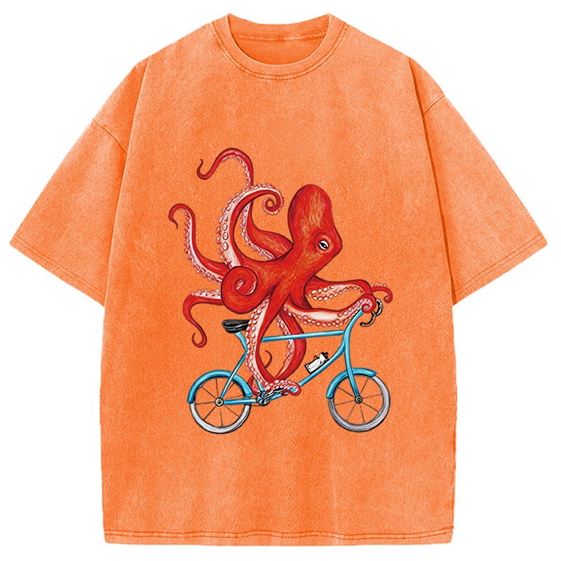 Modecanvas Octopus On A Bicycle Parody Meme DTG Printing Washed T-Shirt-modecanvas