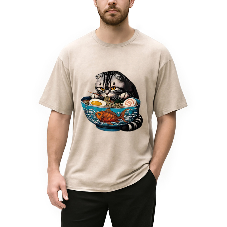 Modecanvas American Shorthair Cat Eating Ramen Washed T-Shirt
