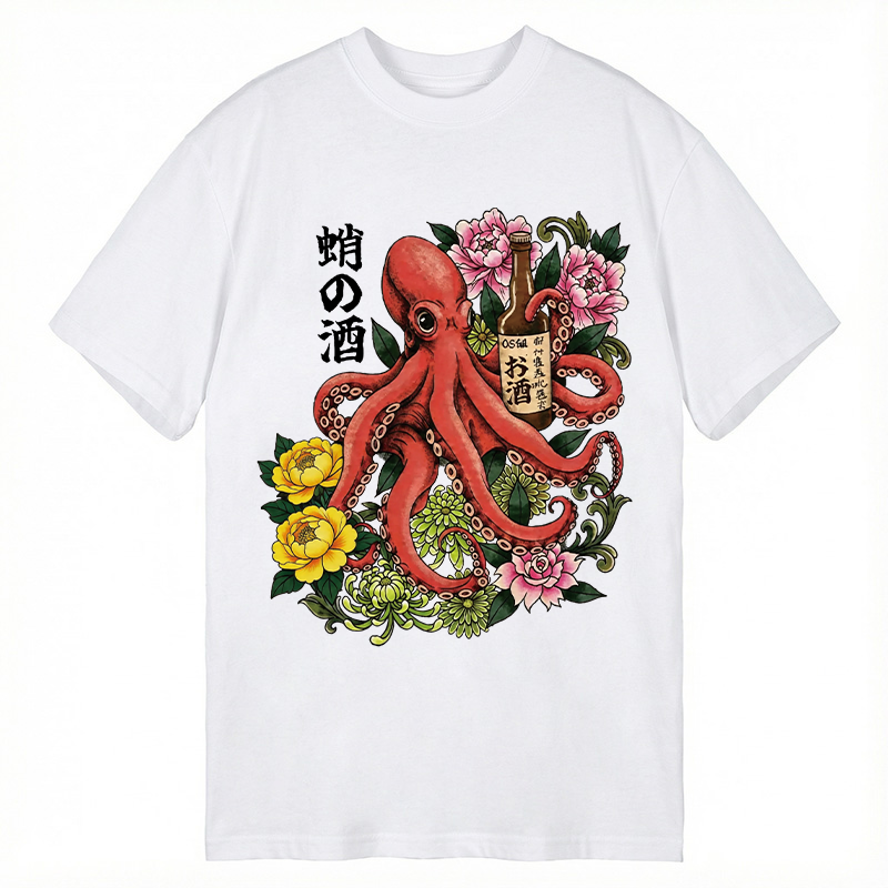 Modecanvas Octopus with Sake Bottle DTG Printing Classic T-Shirt-modecanvas