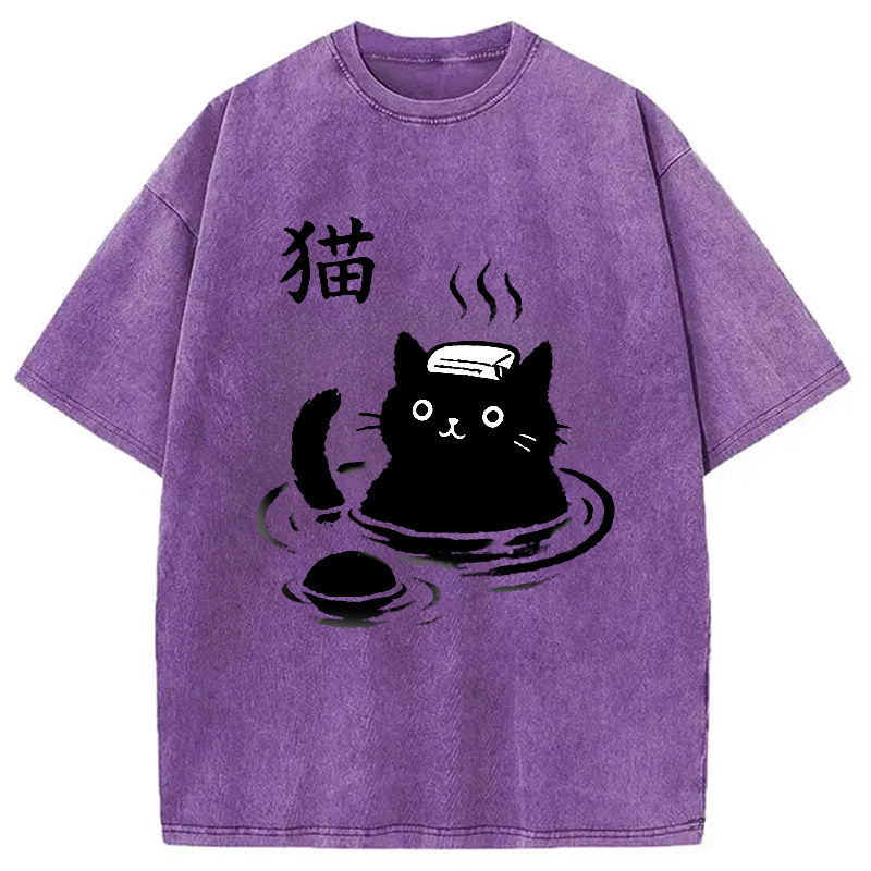 Modecanvas Cat Bathing In Hot Spring Washed T-Shirt